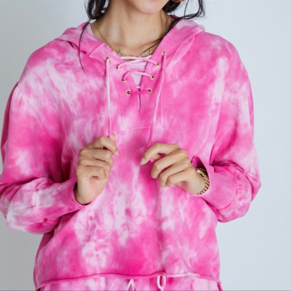 NWT LoveShackFancy Bevan Hot Pink Lace Up Tie Dye Hooded Crop Sweatshirt XS